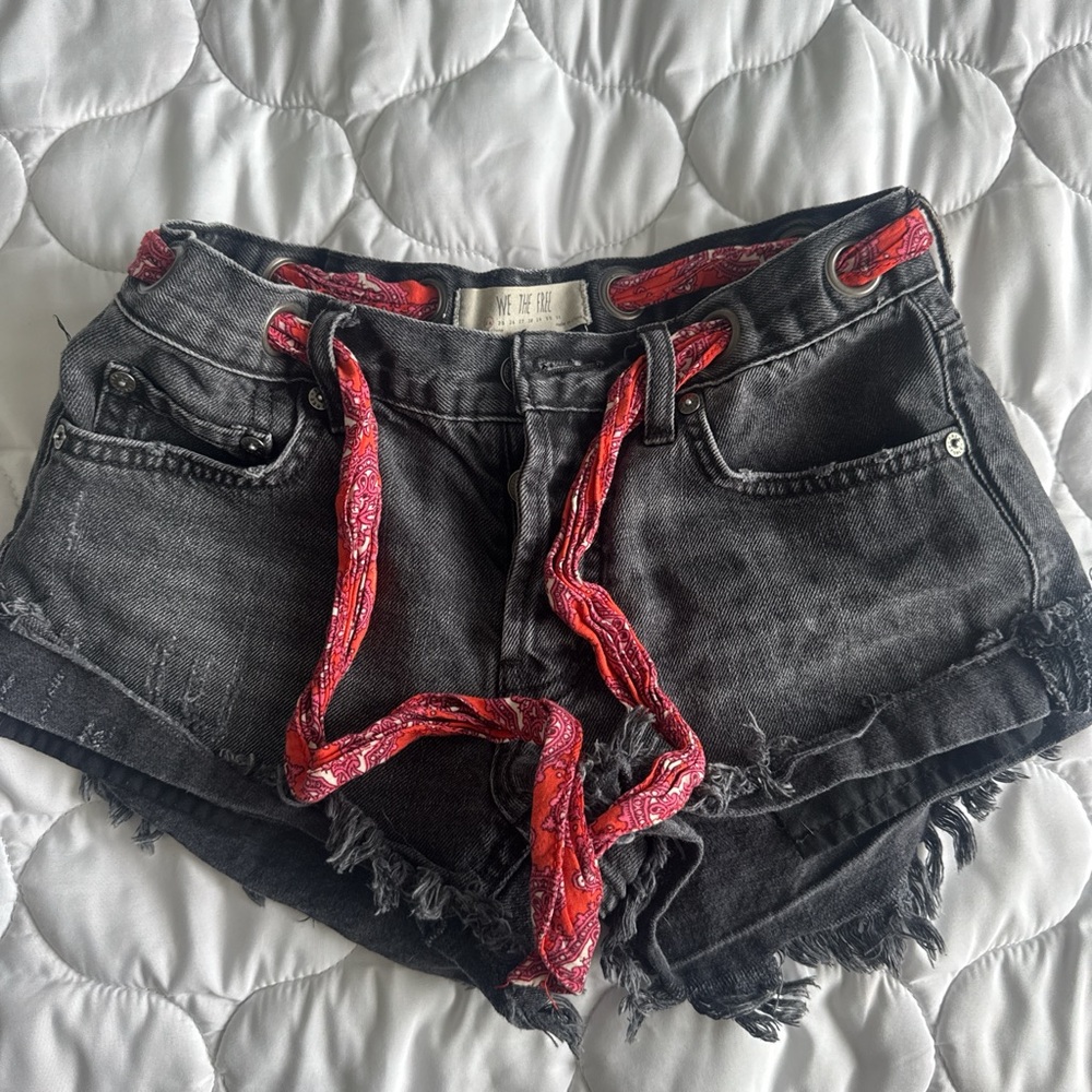 We The Free Black and Red Jean Shorts with Frayed Hem